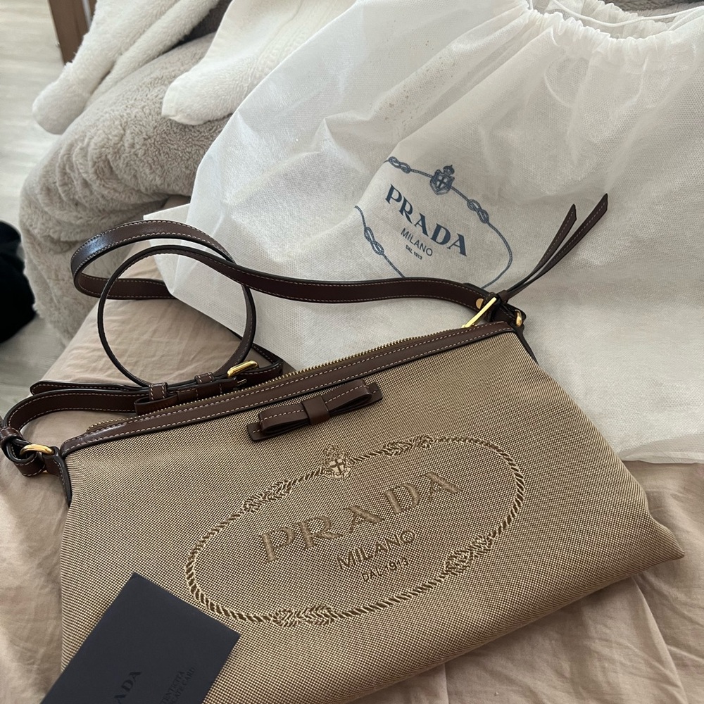 Vintage authentic Prada Tan and Brown Crossbody Bag with verification